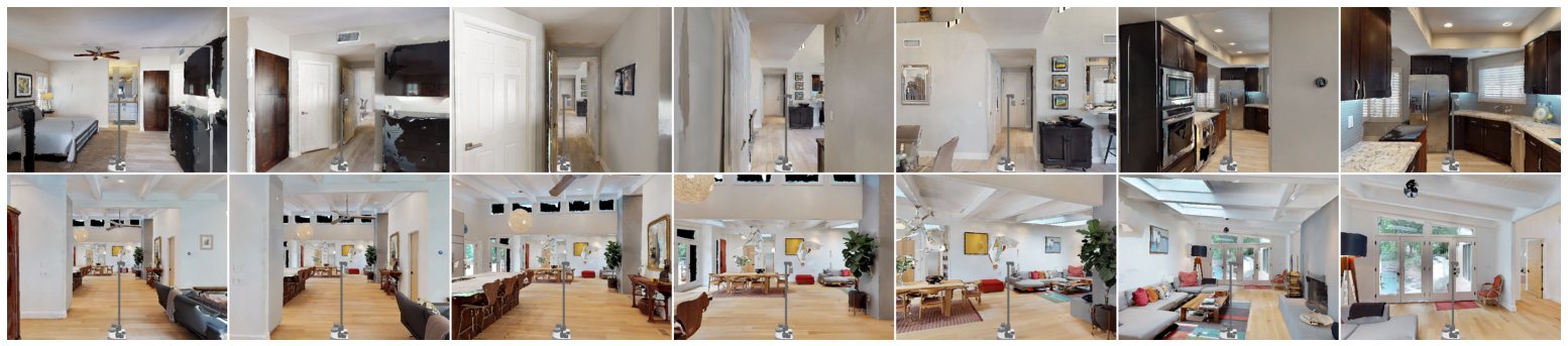Two rows of seven frames showing a Stretch robot moving through a bedroom, hallway and kitchen, and through an open living and dining room.